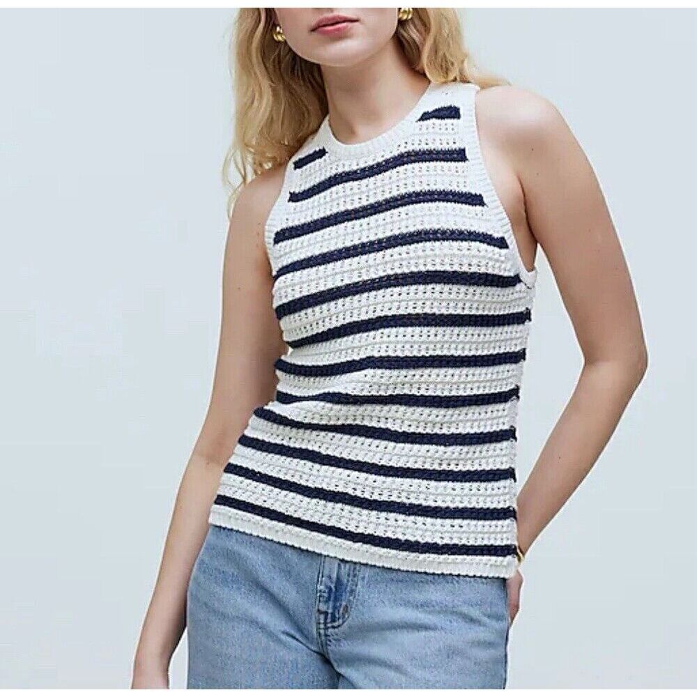 MADEWELL Sleeveless Sweater Women XS Tank NEW Crochet-Knit Navy Stripe NO991